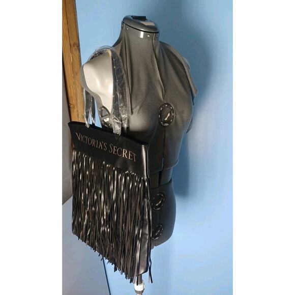 Victoria's Secret Black Handbag Tote Big Fringe NWT Hobo Fun Diva Sexy Fun - Picture 9 of 10